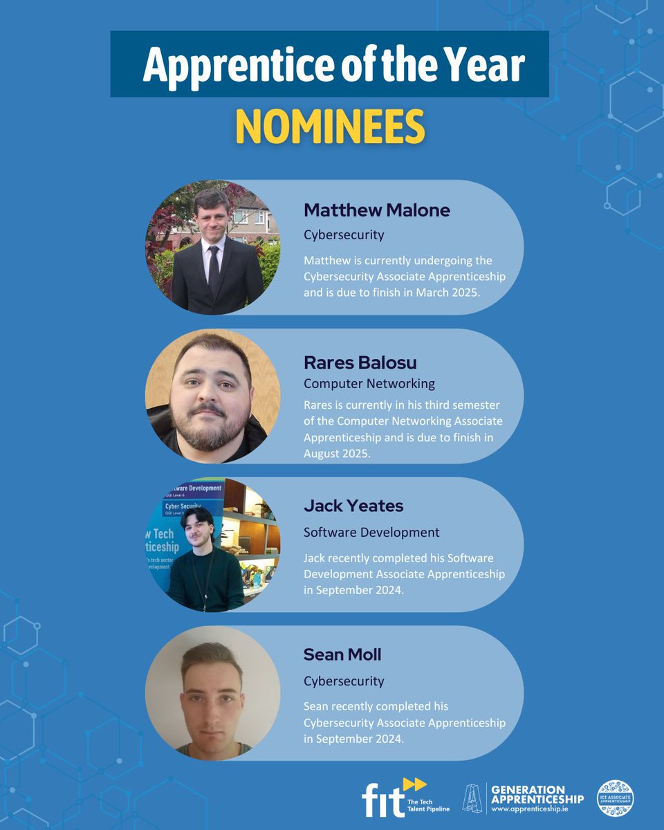 FastrackintoIT's tweet image. FIT are delighted to announce that an incredible 11 #TechApprentices were nominated for the #ApprenticeoftheYear Awards! 

Introducing the final 5 #apprentices nominated!
 
✨Rafael Barros
✨Jack Yeates
✨Matthew Malone
✨Sean Moll
✨Tobi Okwo
 
The very best of luck to them all!