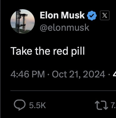 tophepahle's tweet photo. Elon er på Matrix-kjøret igjen. Det er for alltid min humor at sist gang edgelorden prøvde å appropriere denne filmen han fortsatt ikke forstår, fikk han svar på tiltale av en av filmskaperne. Som artig nok også representerer den "woke"-ideologien han har erklært hellig krig mot. https://t.co/wt6k6PpAV6