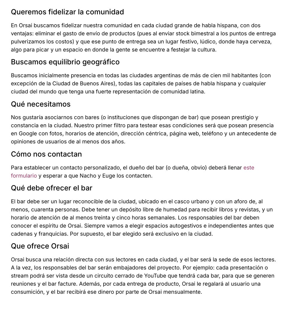 A ver si me ayudan a difundir: en ORSAI buscamos bares en ciudades argentinas de +100K habitantes (excepto CABA), capitales de países de habla hispana y cualquier ciudad del mundo que tenga representación de comunidad latina. Para asociarnos. Más info en orsai.org