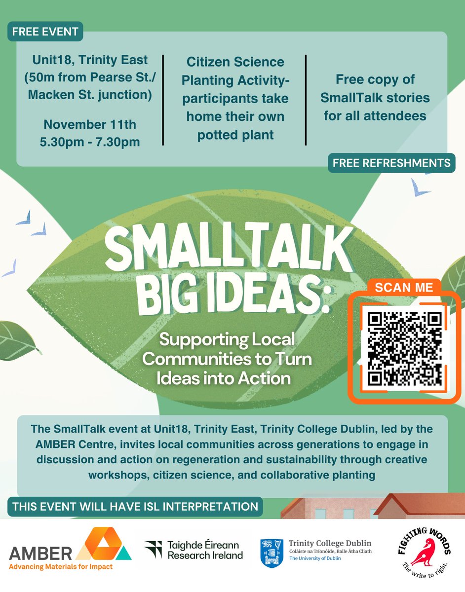AMBER (@ambercentre) on Twitter photo Delighted to have our #scienceweek2024 event funded by <a href="/DeptofFHed/">Department of Further and Higher Education</a> & Minister <a href="/podonovan/">Patrick O'Donovan</a>
‘Smalltalk – Big Ideas’ takes place on Monday 11th November 2024 in Unit18 from 5:30pm – 7:30pm
Register/ More info: ambercentre.ie/smalltalk-big-…
#regeneration #Sustainability Delighted to have our #scienceweek2024 event funded by <a href="/DeptofFHed/">Department of Further and Higher Education</a> & Minister <a href="/podonovan/">Patrick O'Donovan</a>
‘Smalltalk – Big Ideas’ takes place on Monday 11th November 2024 in Unit18 from 5:30pm – 7:30pm
Register/ More info: ambercentre.ie/smalltalk-big-…
#regeneration #Sustainability