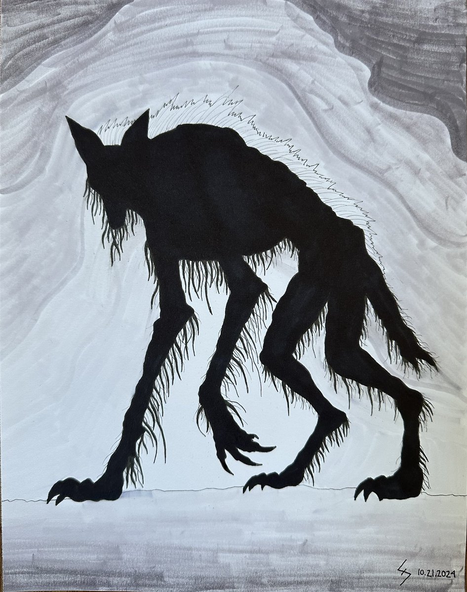 Captain_Syren's tweet photo. Day 21 of Cryptid Inktober, Michigan Dogman, 1.5 hours https://t.co/FrzPgqXJj5