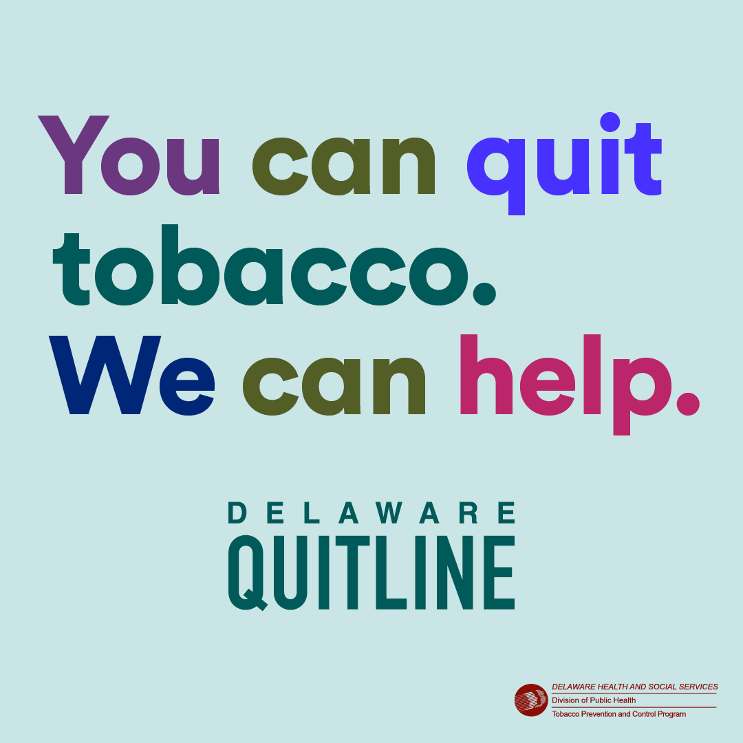 Healthy_DE's tweet photo. You CAN quit #tobacco. We can help. Visit https://t.co/X78i6rPvP7 or call the Delaware Quitline at 1-866-409-1858 to learn about FREE counseling, cessation aids, and more. https://t.co/5EAvBgLBfX