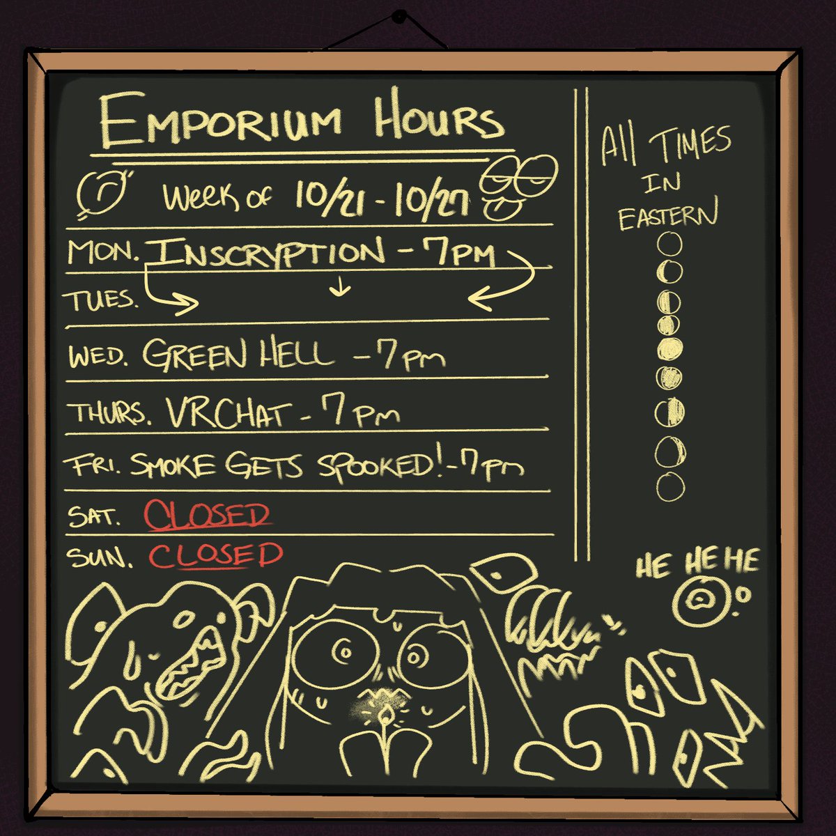 BognilTweets's tweet photo. Here's the schedule for the week! 
Mon and Tues we finish up Inscryption! 
Wed is Green Hell! 
Thurs is our first VRChat stream! 
and Friday is nothing in particular.... just kidding I have to play a SCARY GAME ): you can vote on what I have to play HERE: https://t.co/UNd7hJ2LVm https://t.co/7ESwIASCVQ