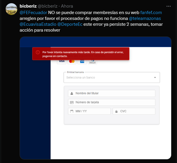 bicberiz's tweet photo. @franciscoegas @FEFecuador no funciona la página web se quiere comprar membresías y el procesador de pagos bota este error de la imagen, ya va mas de dos semanas con este error, favor solucionar https://t.co/79Xq3hdSM7