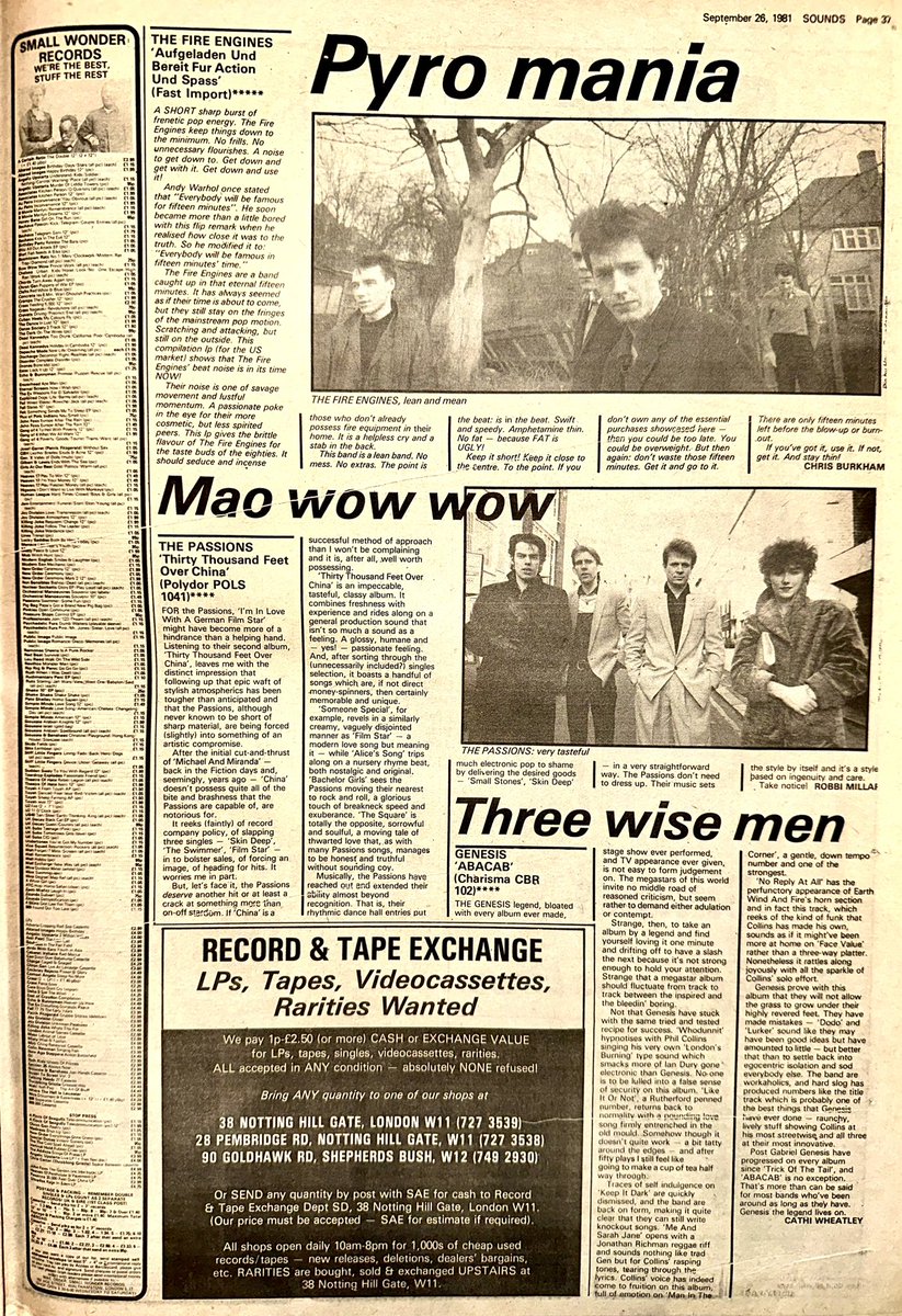 ZoundsAbound's tweet image. A 5⭐️ LP review for ‘Aufgeladen Und Bereit Fur Action Und Spass’ by #TheFireEngines from Chris Burkham

Solid LP reviews too for @IanDuryOfficial #TheResidents #PeterBaumann #Japan #ThePassions @genesis_band &amp;amp; @Faithfull_M 

Sounds Sep 26th 1981