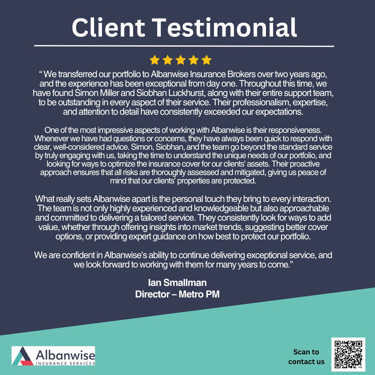 We love starting the week with a positive client testimonial. What sets <a href="/AlbanwiseInsure/">Albanwise Insurance</a> apart? It’s the personal touch in every interaction, shares Ian Smallman, Director at <a href="/metro_pm/">MetroPM</a>. Read his full testimonial in the imagery below. 

#ClientTestimonial #PropertyInsurance