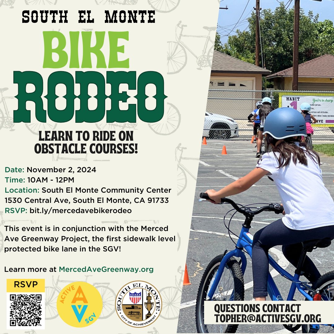 ActiveSGV's tweet photo. 🚲 Join the Merced Ave Greenway Bike Rodeo! 🎉
Nov 2nd, 10 AM - 12 PM @ South El Monte Community Center (1530 Central Avenue South El Monte)!
Free fun for all ages!
Register: https://t.co/tH6DudX8aR
#BikeRodeo #SouthElMonte #ActiveSGV https://t.co/60x5xIg3bk