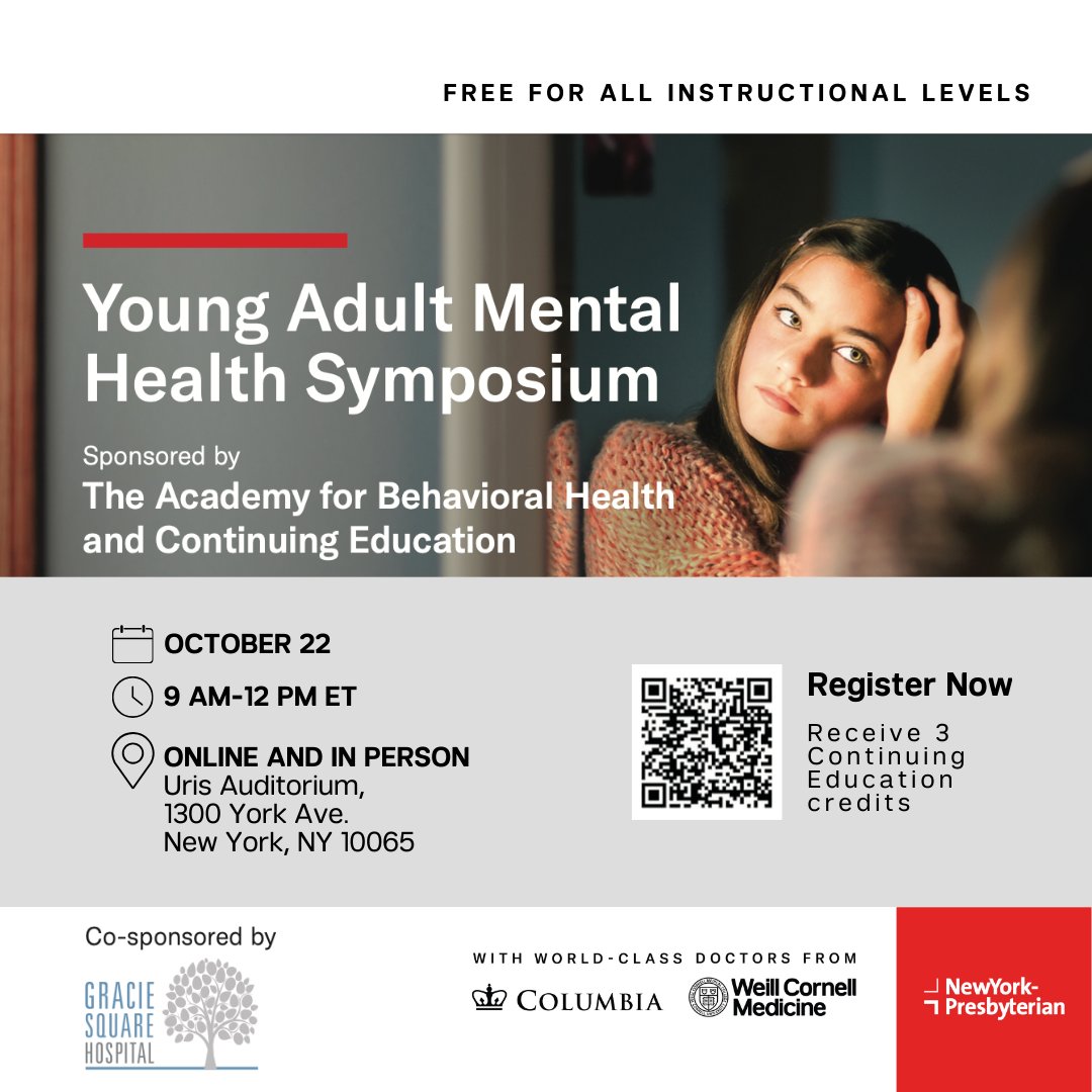 WCMPsychiatry's tweet photo. Join us for the Young Adult Mental Health Symposium on Tuesday, 10/22, a free continuing education event featuring @WeillCornell doctors discussing the inpatient experience and treatment services available for young adults at @nyphospital. Register here: https://t.co/InQf2y5zqD https://t.co/I6HM7HHGi9
