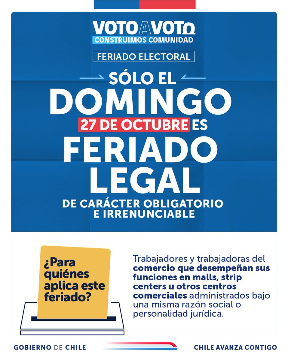 Este 26 y 27 de octubre #ChileVotaInformado 🗳️ Este fin de semana se llevarán a cabo las elecciones regionales y municipales, ¿sabes cómo rige el feriado? 🤔 (1/2).