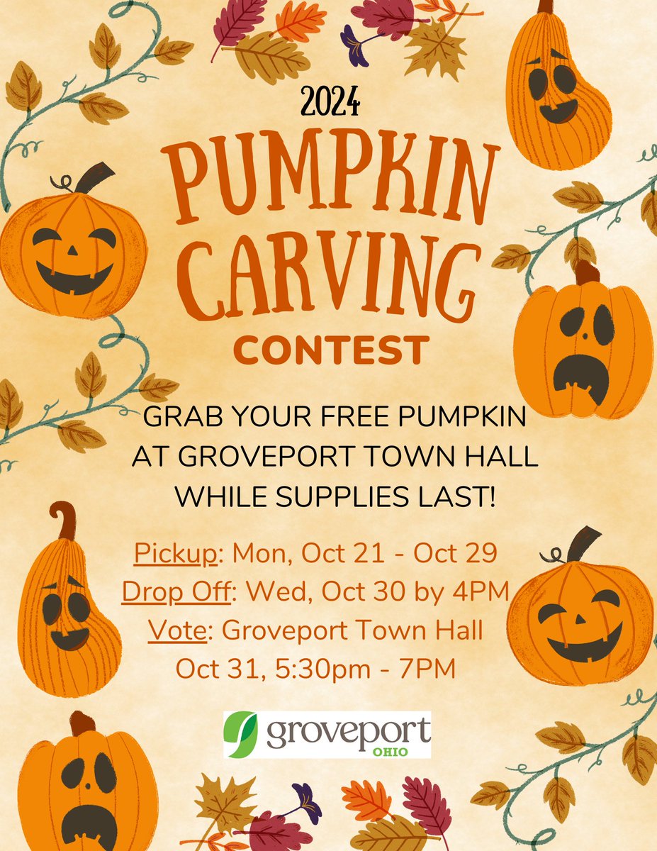 GroveportTH's tweet photo. 🎃 Groveport’s 2024 Pumpkin Carving Contest 🎃
Ready to show off your carving skills?
Carve out some time for Groveport’s 2024 Pumpkin Carving Contest! Pick up your FREE pumpkin at Groveport Town Hall and let your creativity shine! ✨🖌️ https://t.co/zo7MCtFnHS