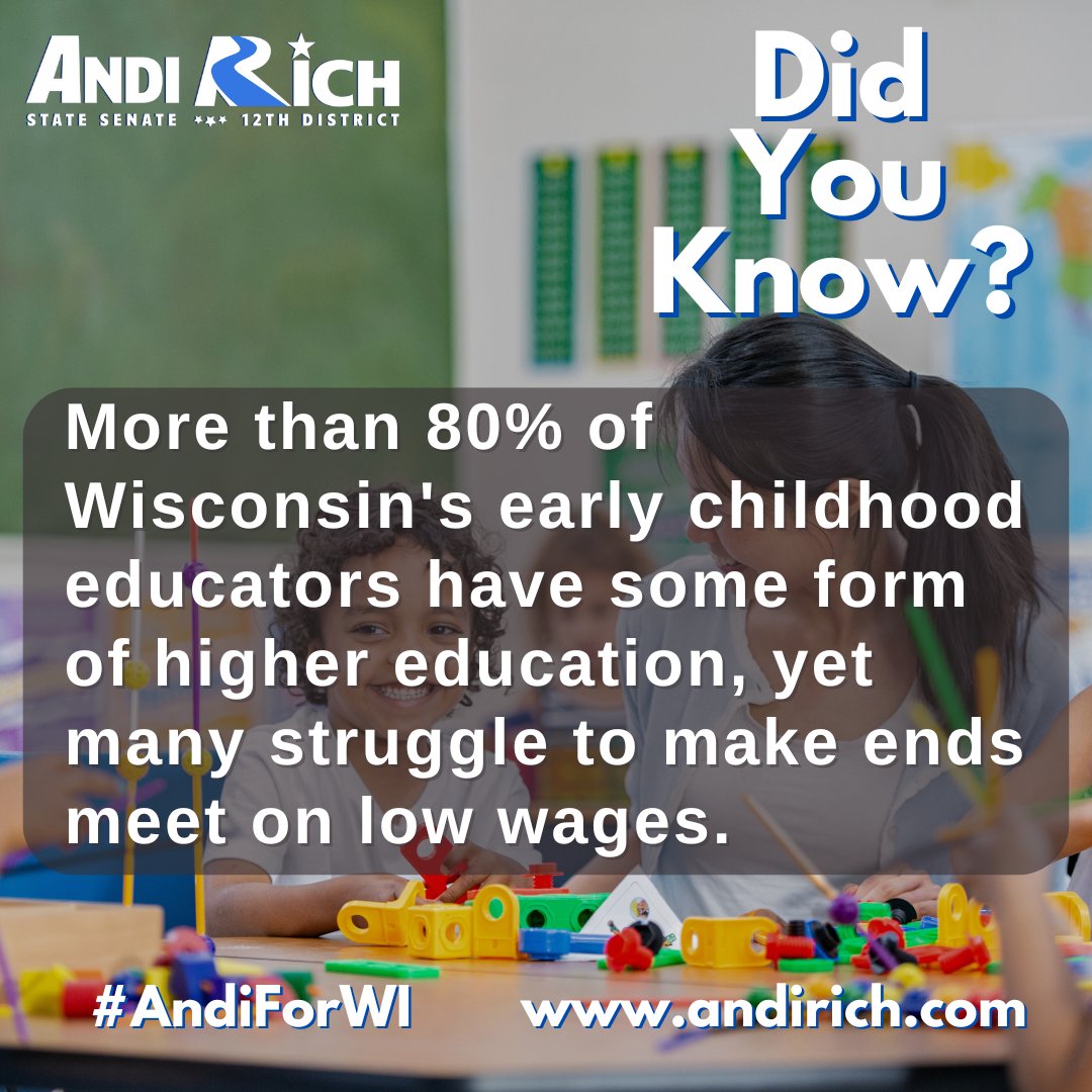 AndiRichWI's tweet image. Did You Know? More than 80% of Wisconsin&apos;s early childhood educators have some form of higher education, yet many struggle to make ends meet on low wages.
#AndiForWI #Northwoods #DidYouKnow