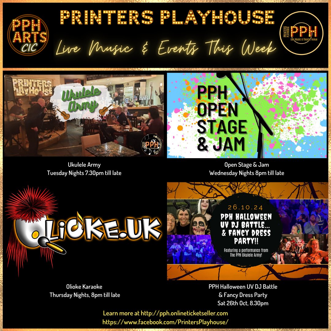 📆 𝗪𝗘𝗘𝗞𝗟𝗬 𝗥𝗢𝗨𝗡𝗗 𝗨𝗣!! 📆
#printersplayhouse #groveroad #littlechelsea #eastbourne #eastsussex #events #live #theatre #free #entertainment #fun #community #creative #livemusic #localmusic #karaoke #openstage #ukulele #choir #workshops #silentdisco #halloween #thisweek
