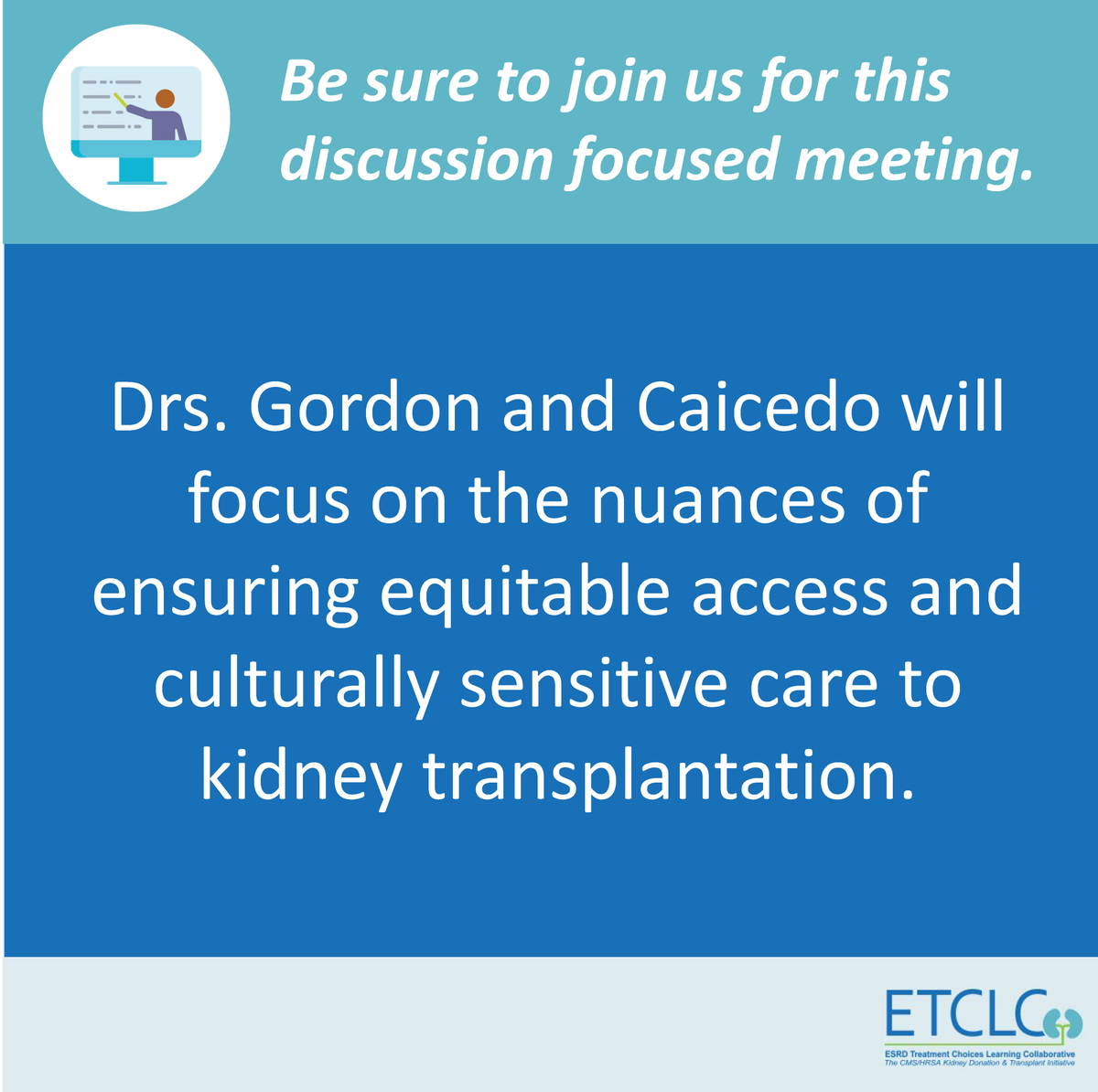 ETCLC1's tweet photo. We hope you join the ETCLC this Wednesday for “Advancing #HealthEquity and #CulturallySensitive Patient Care."
Drs. Gordon and Caicedo will focus on the nuances of ensuring equitable access and culturally sensitive care to kidney transplantation: https://t.co/uA6Vi4a4ee https://t.co/TIzgOr5MG0
