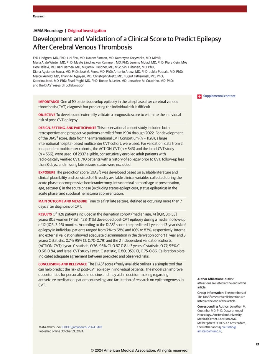 The DIAS3 score is a simple tool to predict the risk of epilepsy after cerebral venous thrombosis (CVT) in adults. It was developed and validated in three large international CVT cohorts. ja.ma/4fdMXoM