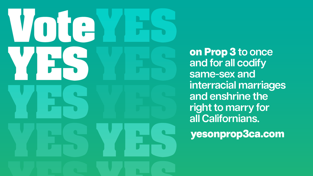 eqca's tweet photo. This November, we have an opportunity to protect the right to marry who we love by voting YES on Prop 3. Let’s ensure that same-sex and interracial marriages are codified for all Californians. #YesOnProp3 #LoveIsLove #ProtectMarriageEquality #Vote4Equality https://t.co/DnqDE4axw8