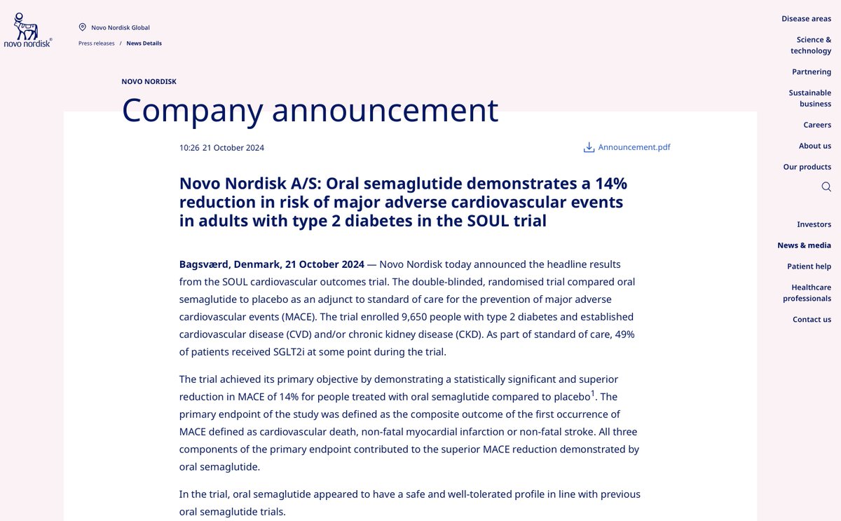 Kevin Fernando (@drkevinfernando) on Twitter photo Topline results for oral #semaglutide #CVOT #SOUL announced today by <a href="/novonordisk/">Novo Nordisk</a>
🎯14% RRR in 3-point #MACE with oral #semaglutide cf. placebo on top of standard of care in people with #T2D & established #CVD and/or #CKD
Full results due 2025 Topline results for oral #semaglutide #CVOT #SOUL announced today by <a href="/novonordisk/">Novo Nordisk</a>
🎯14% RRR in 3-point #MACE with oral #semaglutide cf. placebo on top of standard of care in people with #T2D & established #CVD and/or #CKD
Full results due 2025