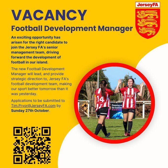 Just a few days to go until our Football Development Manager vacancy closes. ⌛

Get your application in by Sunday 27th October. 🗓️

➡️ jerseyfa.com/news/2024/oct/… 

#JobsInFootball #FootballCareers #Jersey #JerseyFootball
