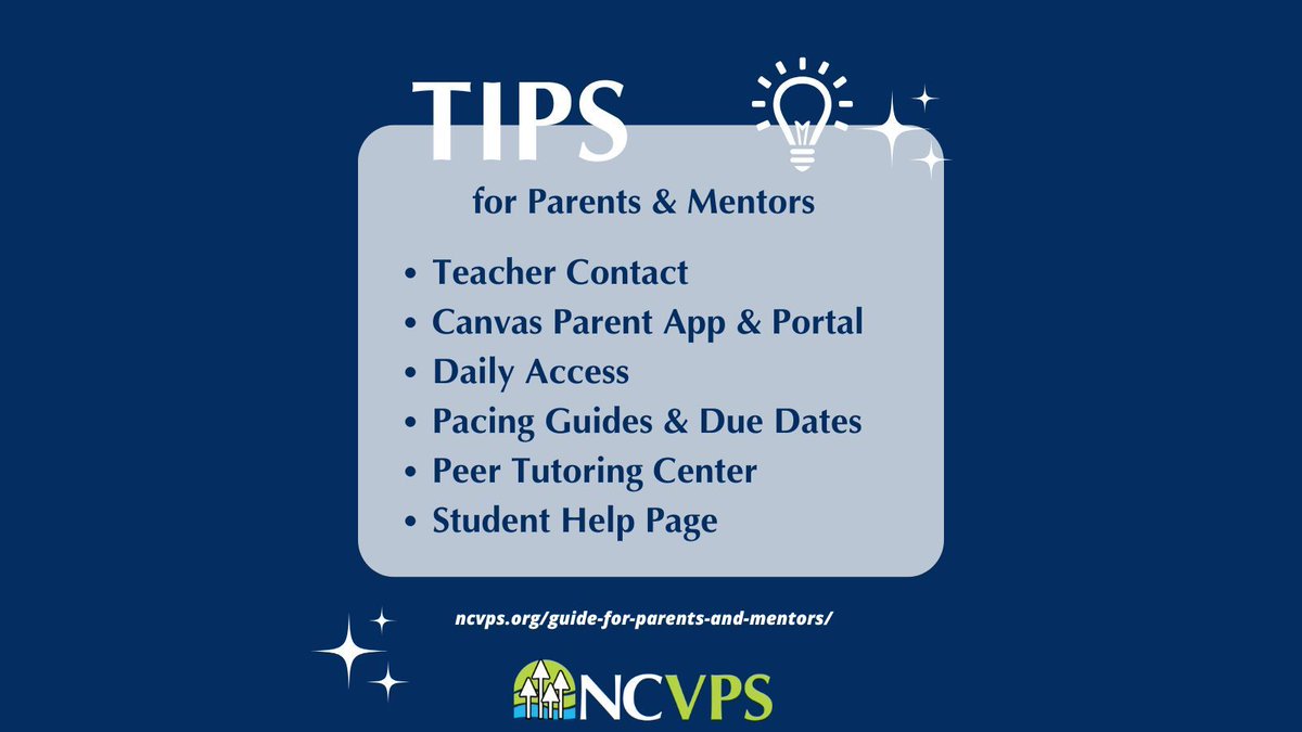 Looking for ways to help your student be more successful?

📧 Reach out to the teacher
⬇️ Download the Canvas App
💻 Login daily
🗓️ Utilize pacing guides
📚 Find a Peer Tutor
🧑‍🎓Check out the Student Help Page

#WeAreNCVPS #OnlineLearning #VirtualLearning #NCVPS