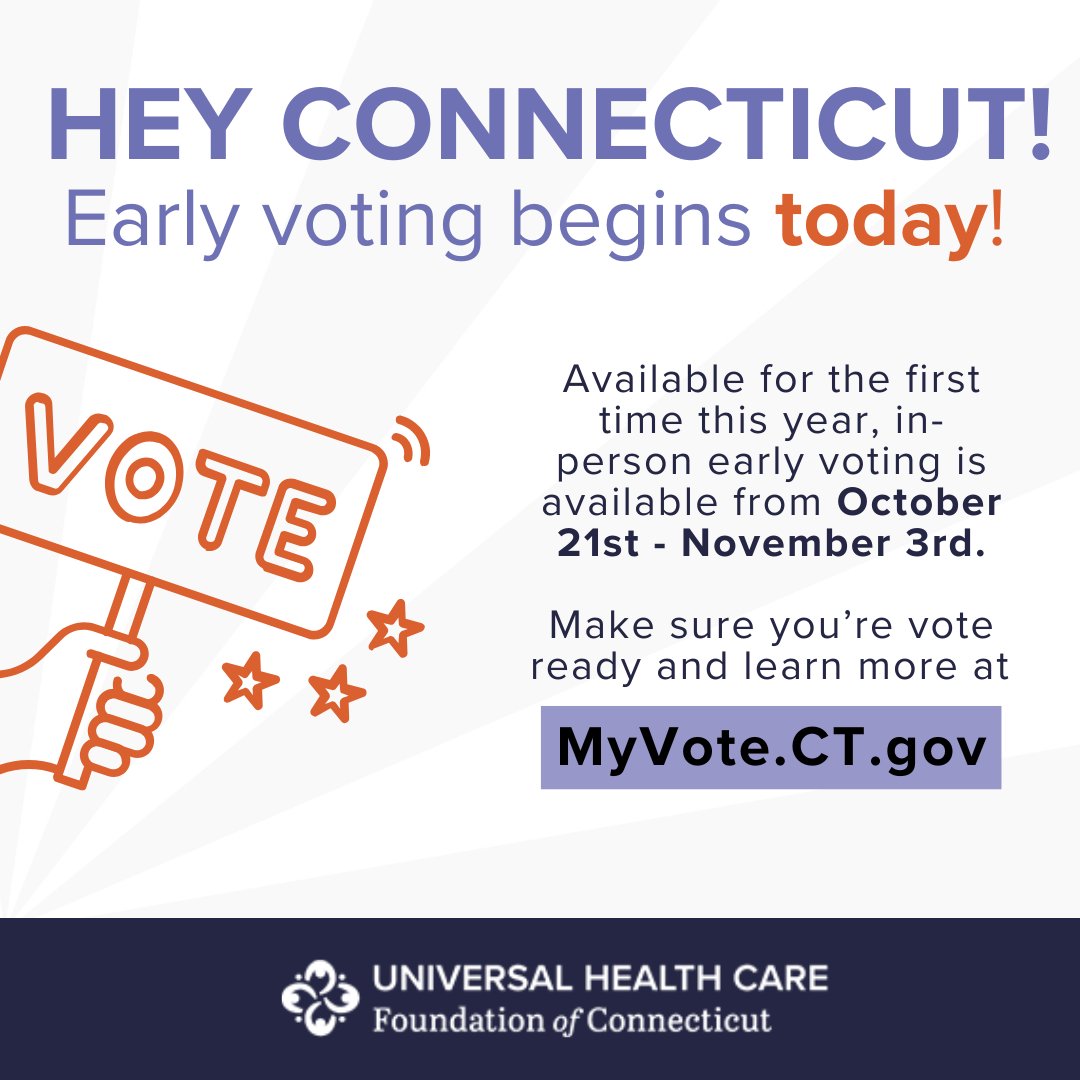 Hey Connecticut, are you #VoteReady?

This year, all eligible residents can vote early &amp; in-person for the Nov 5th general election during open polling times from October 21st - November 3rd.

Find your polling place location, hours &amp; more information at MyVote.CT.gov