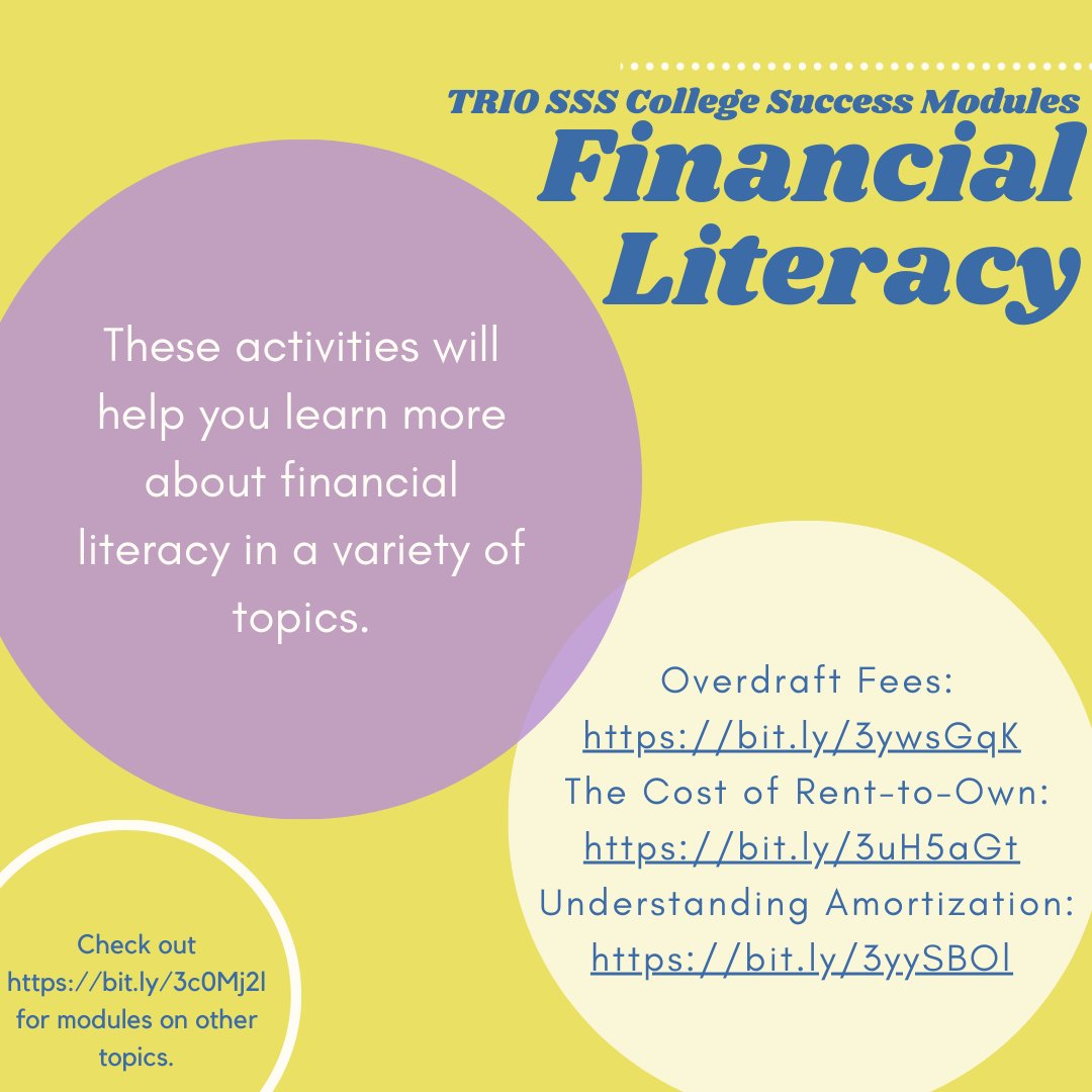 nw_triosss's tweet image. These activities will help you learn more about financial literacy in a variety of topics.
#collegesuccessmodules #TRIOSSS #financialliteracy