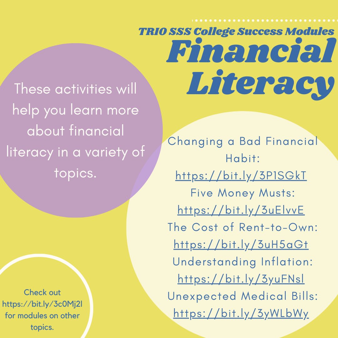 nw_triosss's tweet image. These activities will help you learn more about financial literacy in a variety of topics.
#collegesuccessmodules #TRIOSSS #financialliteracy
