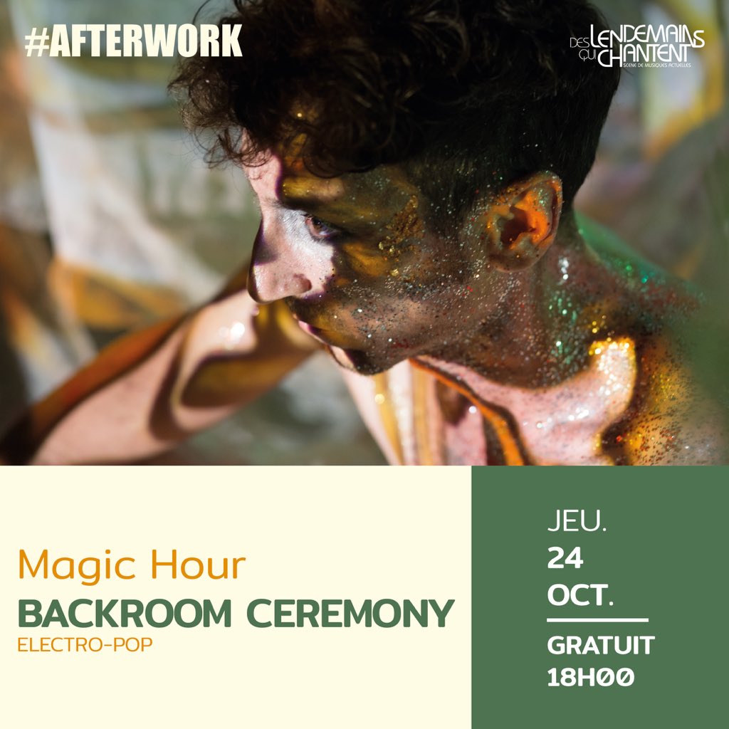 ✨ BACKROOM CEREMONY ✨
JEU. 24 OCT. - 18H00 - CONCERT GRATUIT
📍 Des Lendemains Qui Chantent - Avenue du Lieutenant Colonel Faro, 19000 Tulle

BACKROOM CEREMONY
- Electro-pop -