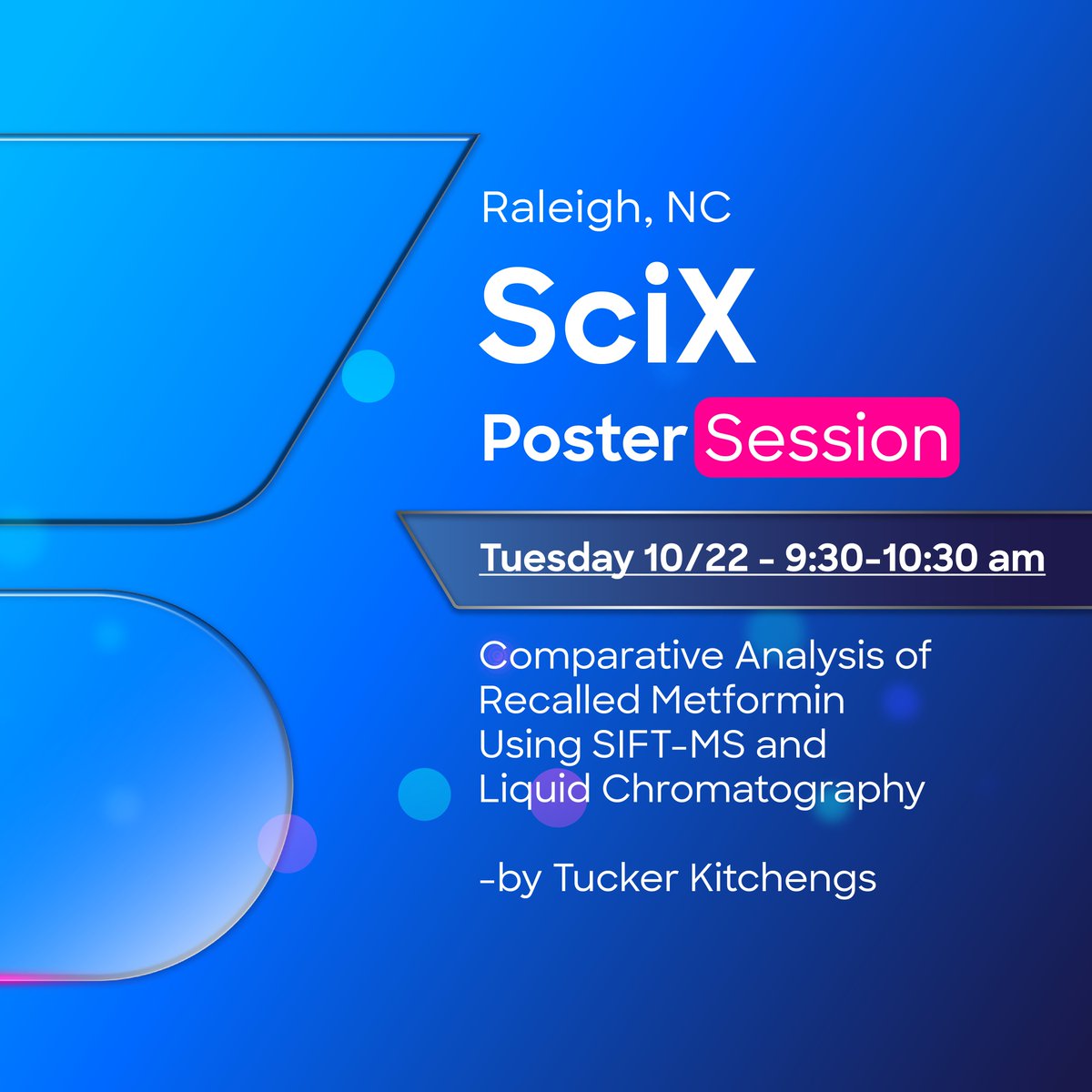 SyftTechs's tweet image. Stop by the SciX poster session tomorrow at 9:30 am to learn about how SIFT-MS was used to analyze N-nitrosodimethylamine (NDMA) in recalled metformin. Visit booth #523 to learn more.