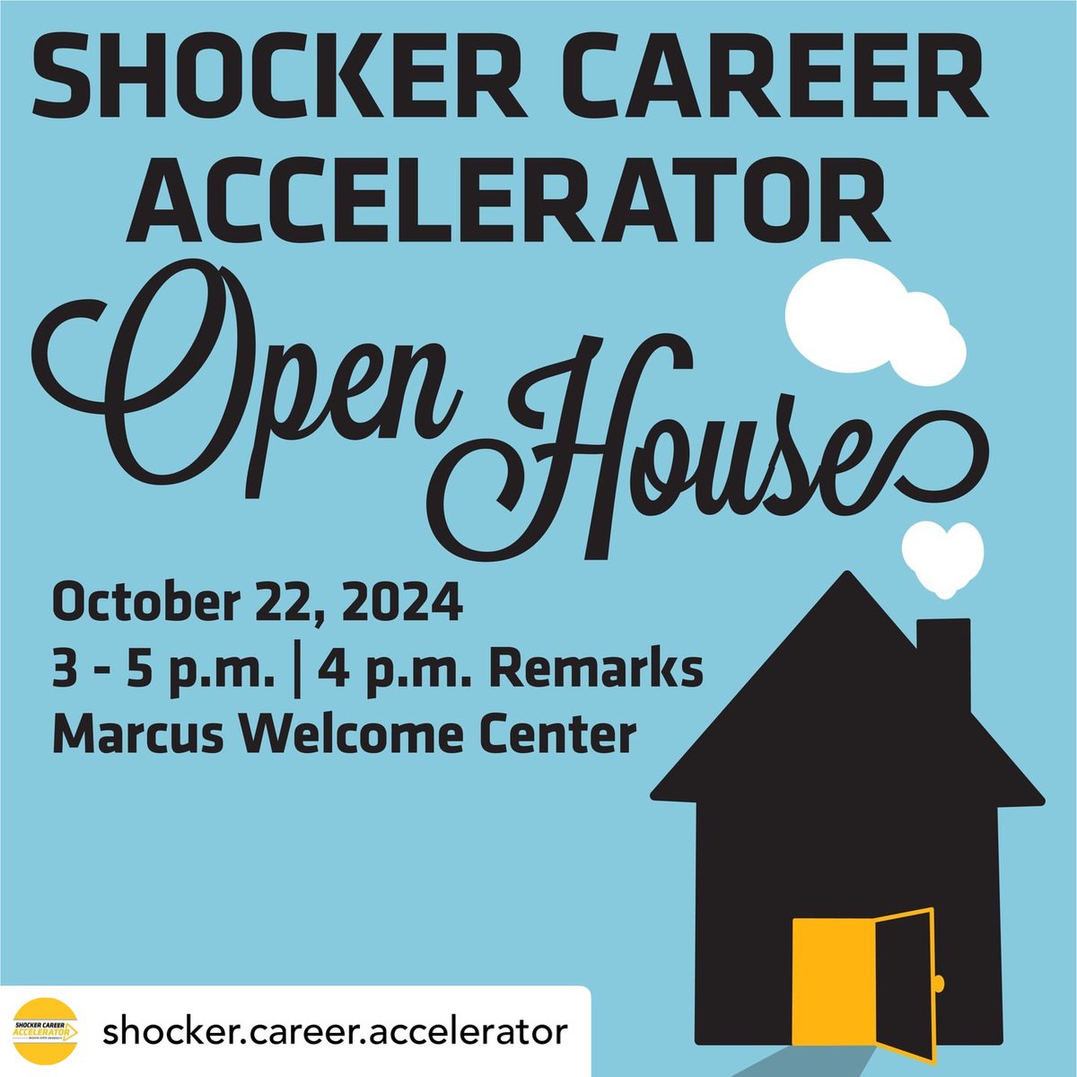 🚀 Join <a href="/shocker/">jess</a>.career.accelerator  for their Open House! 🚀
📅 Oct. 22, 2024 | 🕒 3-5 p.m. (Remarks at 4)
📍 Marcus Welcome Center
Explore the Shocker Experience Walkway, tour our new space, and connect with fellow Shockers! Light refreshments included. #ShockersUp