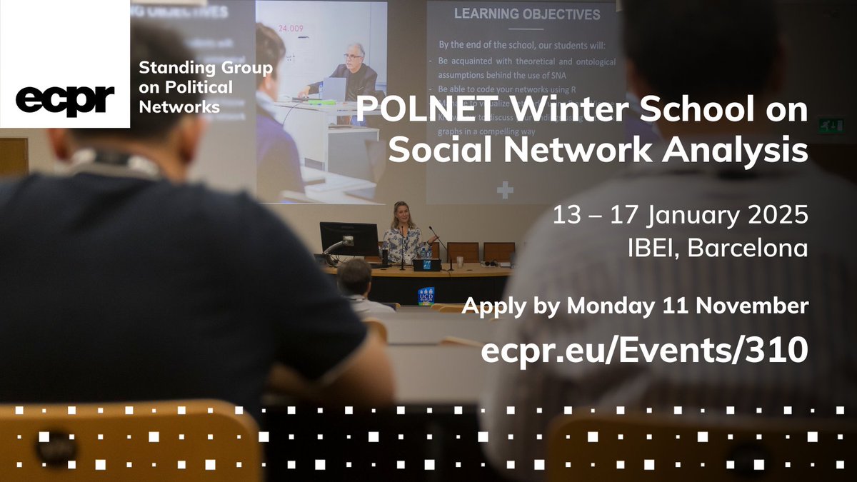 European Consortium for Political Research (@ecpr) on Twitter photo 💻 Do you study Social Network Analysis?
🚀 Enjoy sessions on more advanced techniques, such as Relational Event Models & Discourse Network Analysis at <a href="/politicalnets/">PoliticalNets ECPR</a>' Winter School
📆 13–17 Jan 2025 <a href="/IBEI/">Institut Barcelona d'Estudis Internacionals</a>
⏳ 11 Nov ecpr.eu/Events/310 💻 Do you study Social Network Analysis?
🚀 Enjoy sessions on more advanced techniques, such as Relational Event Models & Discourse Network Analysis at <a href="/politicalnets/">PoliticalNets ECPR</a>' Winter School
📆 13–17 Jan 2025 <a href="/IBEI/">Institut Barcelona d'Estudis Internacionals</a>
⏳ 11 Nov ecpr.eu/Events/310