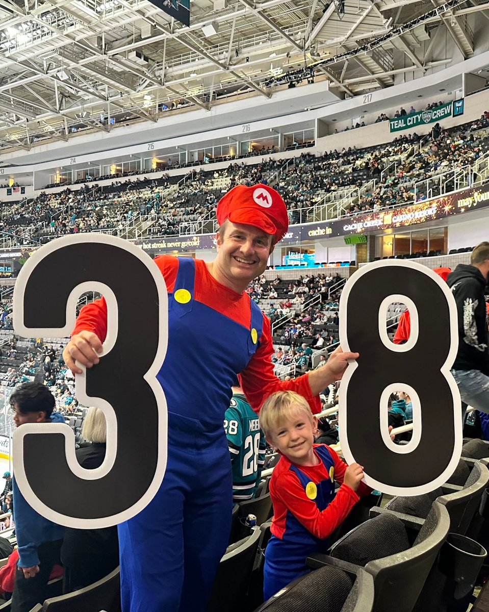 SanJoseSharks's tweet photo. Now that’s a lot of Super Marios! 

The SF Sabercats team dressed up as Super Mario for last night’s game to support Mario Ferraro and Mario met up with the team afterwards to say hi during their skate! 🥰

(📸: @JQYYZSFO) https://t.co/l950d2bidF