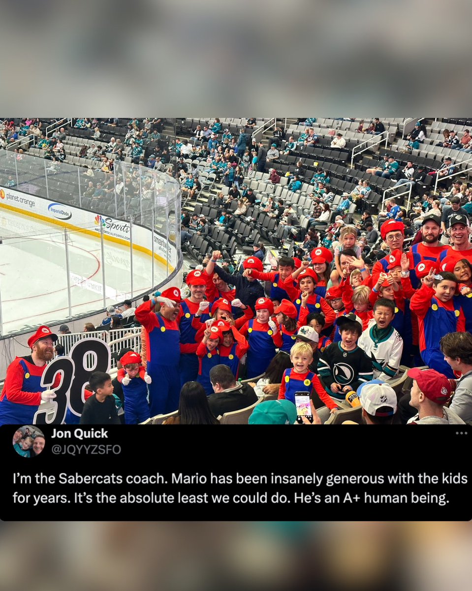 SanJoseSharks's tweet photo. Now that’s a lot of Super Marios! 

The SF Sabercats team dressed up as Super Mario for last night’s game to support Mario Ferraro and Mario met up with the team afterwards to say hi during their skate! 🥰

(📸: @JQYYZSFO) https://t.co/l950d2bidF