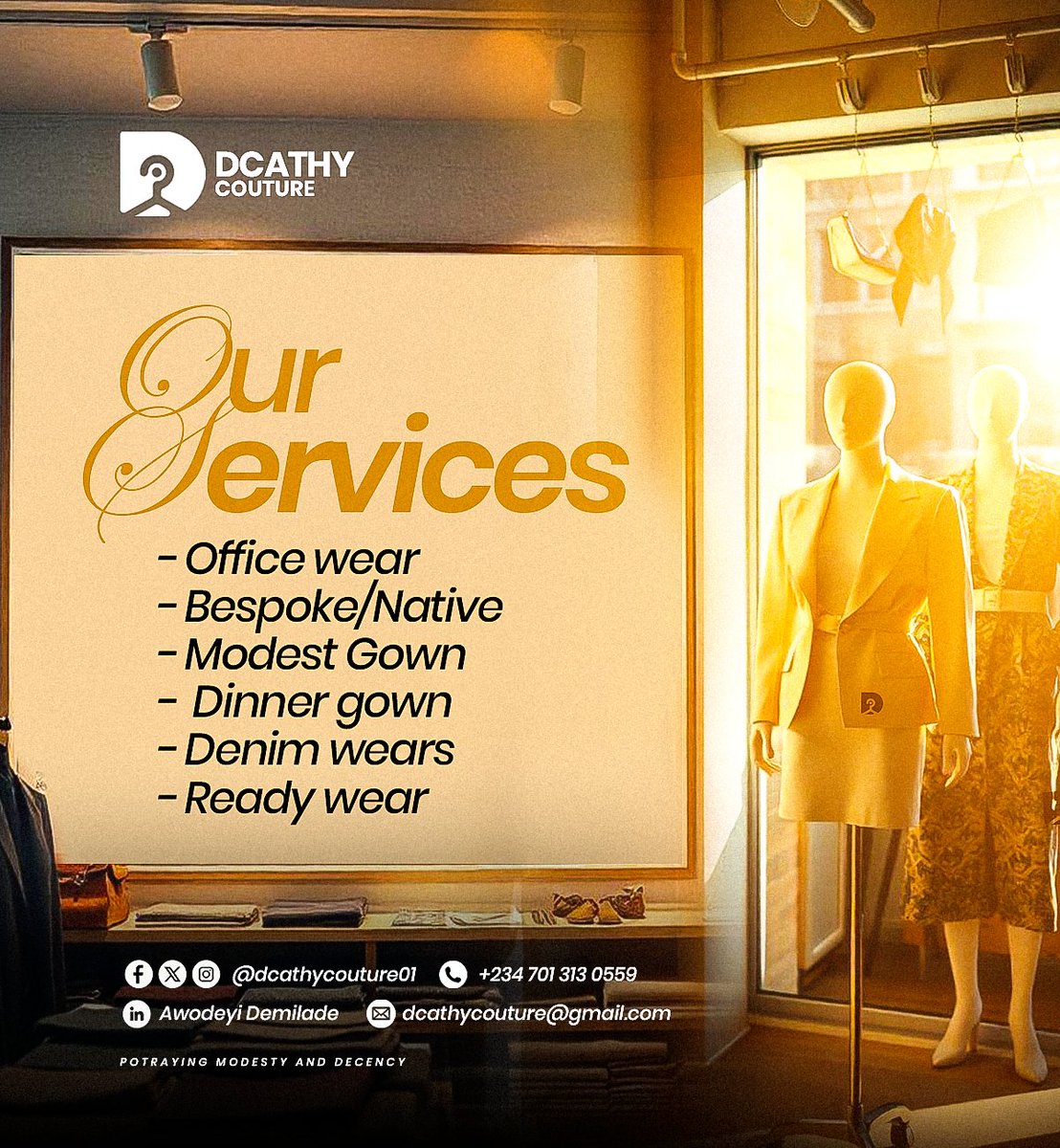 DCATHYCOUTURE01's tweet photo. Guess what, famz ☺️☺️
Here is what we  offer to our client. 

Which of our services do you need?
Send a dm to get started😎📌.
DCATHYCOUTURE-AN ADVOCATE OF MODESTY 
POTRAYING MODESTY AND DECENCY 💯
https://t.co/xzFSXnWhlJ https://t.co/XO0QuYG58d