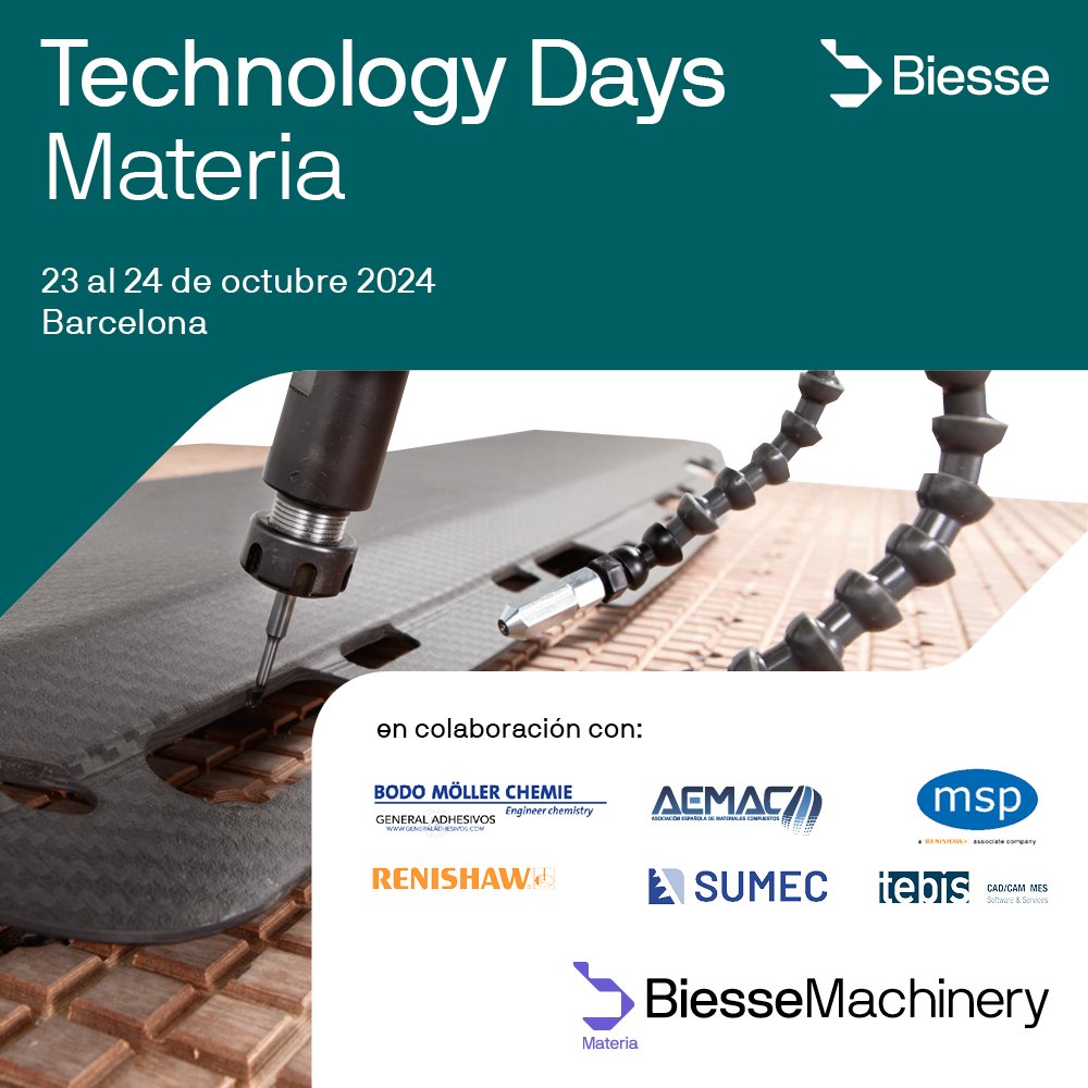 AEMAC_'s tweet image. 🟢Colaboramos en los #TechnologyDays #MATERIA de #BIESSE del 23 al 24 de Octubre en #Gavà

Descubre las #innovaciones y #aplicaciones en tecnología de #mecanizado y #fabricaciónavanzada 

Consulta eventos en #MaterialesCompuestos en el #CalendarioAEMAC 

aemac.org/calendario/tec…