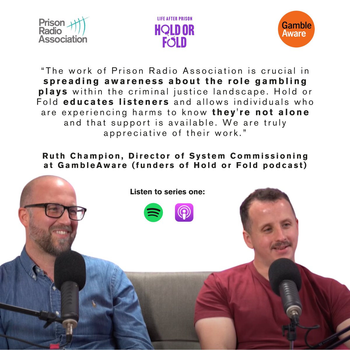 As part of the work we do at GambleAware, we're thrilled to have commissioned <a href="/PrisonRadioUK/">Prison Radio Association</a>  <a href="/HoldorFoldpod/">Hold or Fold</a> podcast! 

We're delighted to partner on this work, which helps people remember that they're not alone when facing harms.