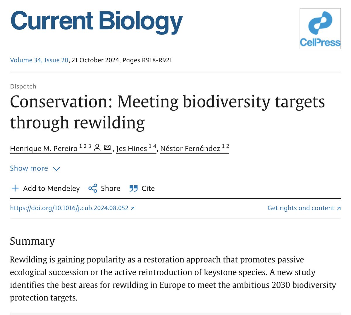 Henrique Pereira (@hmlfpereira) on Twitter photo Meeting biodiversity targets through rewilding. Our comment piece <a href="/CurrentBiology/">Current Biology</a> on the paper from <a href="/Araujo_lab/">Miguel Araújo</a> and <a href="/DiogoAlagador/">Diogo Alagador</a> is out: authors.elsevier.com/a/1jzSR3QW8S6G…
<a href="/idiv/">iDiv Biodiversity Research</a> <a href="/UniHalle/">Universität Halle (inaktiv)</a> <a href="/jes_hines/">Jes Hines</a> <a href="/Nestor_Fdez/">Néstor Fernández</a> Meeting biodiversity targets through rewilding. Our comment piece <a href="/CurrentBiology/">Current Biology</a> on the paper from <a href="/Araujo_lab/">Miguel Araújo</a> and <a href="/DiogoAlagador/">Diogo Alagador</a> is out: authors.elsevier.com/a/1jzSR3QW8S6G…
<a href="/idiv/">iDiv Biodiversity Research</a> <a href="/UniHalle/">Universität Halle (inaktiv)</a> <a href="/jes_hines/">Jes Hines</a> <a href="/Nestor_Fdez/">Néstor Fernández</a>