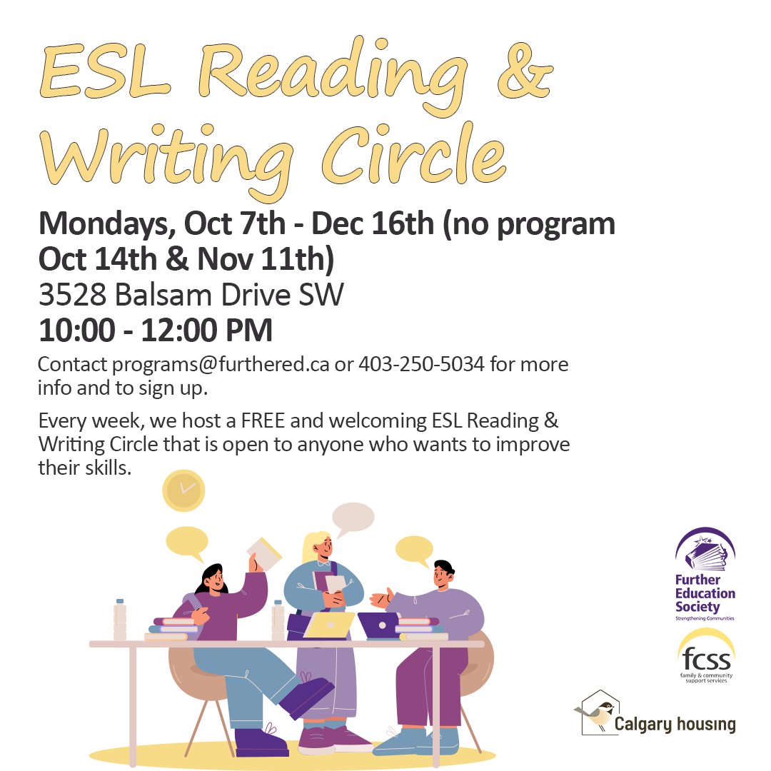 Head to <a href="/CalgaryHouseCo/">Calgary Housing Company</a>’s Shaganappi location to join our FREE ESL Reading &amp; Writing Circle! A trained facilitator will help you improve your reading, writing, and conversational English skills.

#YYC #Calgary #ESL #EnglishLearning #Literacy #Reading #Writing #Nonprofit