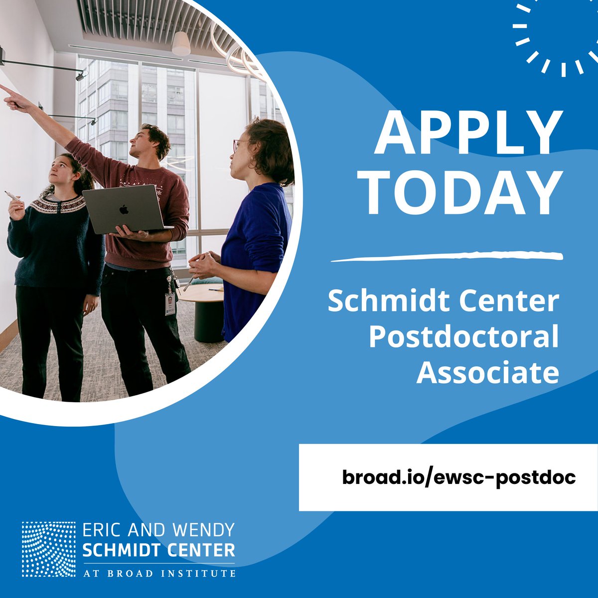 Eric and Wendy Schmidt Center (@schmidt_center) on Twitter photo Interested in pursuing #machinelearning, #appliedmathematics, #statistics, or #computationalresearch to work on biomedical problems at the <a href="/broadinstitute/">Broad Institute</a>? Apply to become a <a href="/Schmidt_Center/">Eric and Wendy Schmidt Center</a> postdoctoral associate: broad.io/ewsc-postdoc Interested in pursuing #machinelearning, #appliedmathematics, #statistics, or #computationalresearch to work on biomedical problems at the <a href="/broadinstitute/">Broad Institute</a>? Apply to become a <a href="/Schmidt_Center/">Eric and Wendy Schmidt Center</a> postdoctoral associate: broad.io/ewsc-postdoc