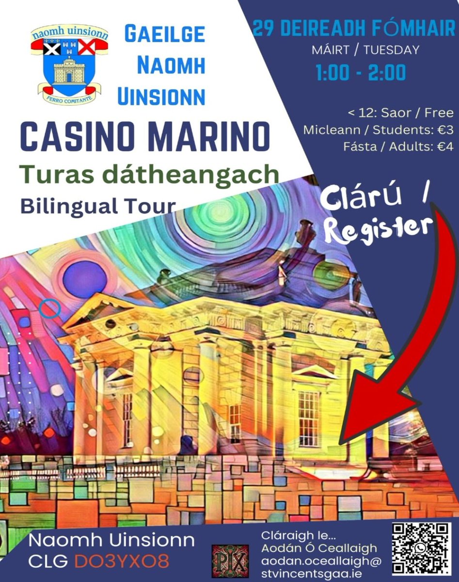 ᖴᗩᎥᖇᐯᎥᗴᗯ ᗰᗩᖇᎥᑎᗝ (@fairviewmarino) on Twitter photo This looks like a great event at <a href="/CasinoMarinoOPW/">Casino Marino</a> next week. Register with Aodán if you're interested.
Go raibh maith agaibh <a href="/StVincentsGAA1/">St Vincents GAA, Dublin</a>
#Gaeilge
#Heritage This looks like a great event at <a href="/CasinoMarinoOPW/">Casino Marino</a> next week. Register with Aodán if you're interested.
Go raibh maith agaibh <a href="/StVincentsGAA1/">St Vincents GAA, Dublin</a>
#Gaeilge
#Heritage