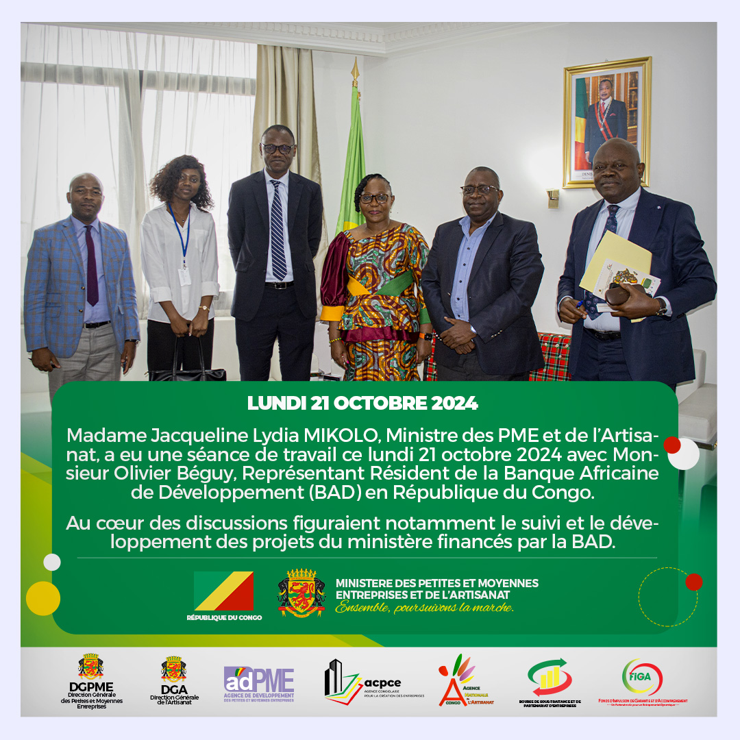 Lundi 21 octobre 2024
Séance de travail avec M. Olivier Béguy, Représentant Résident de la BAD en République du Congo.

Au cœur des discussions, le suivi et le développement des projets du ministère financés par la BAD.


#mpme #coopération #ODEPA #unjeuneuneentreprise