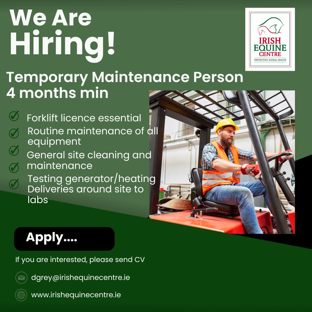IrelandEquine's tweet image. We are looking for temporary cover in our maintenance department 4-6 months. please contact us if you are interested - forklift licence essential
#hiring #irishjobs #forkliftdriver