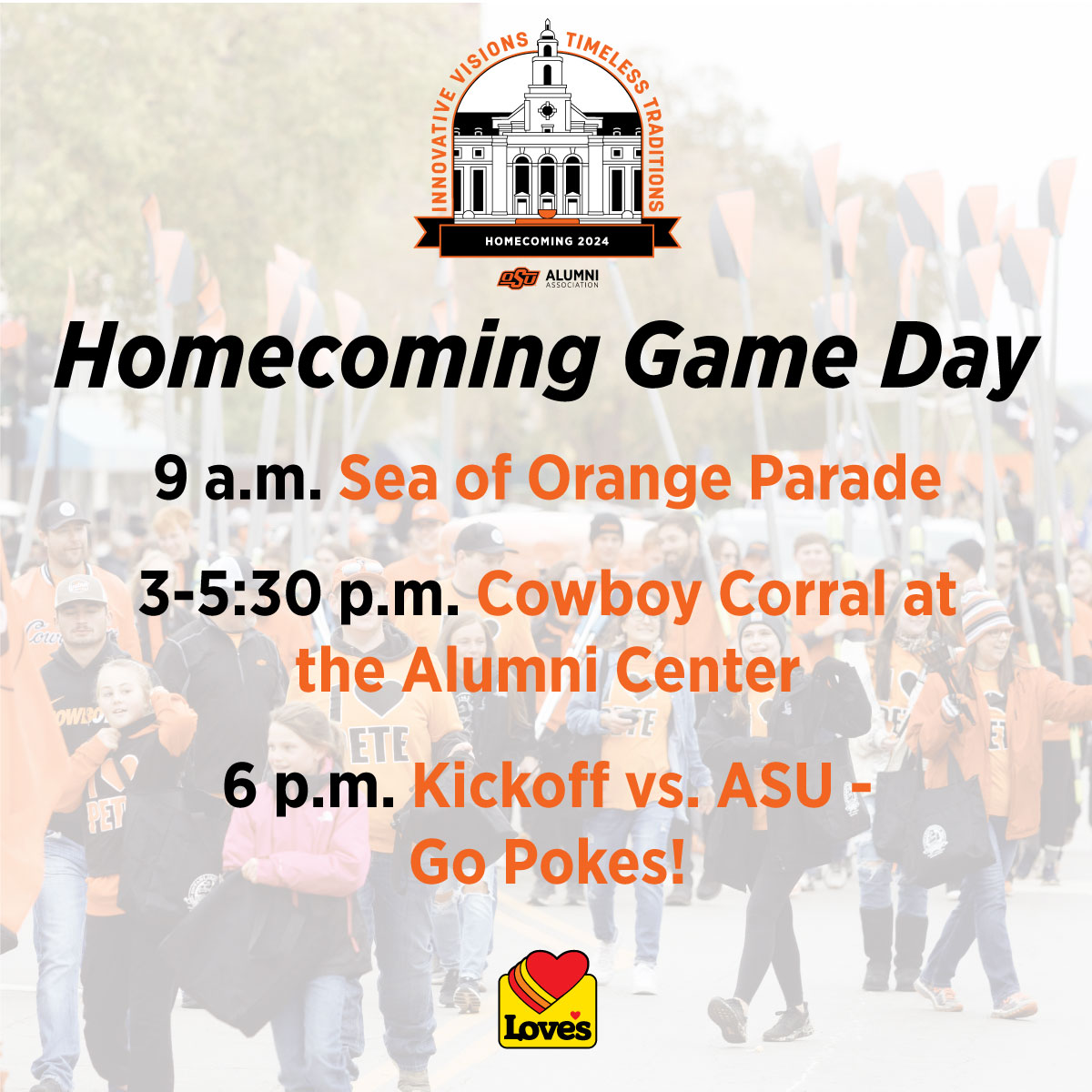 OSU Alumni Assoc. (@okstatealumni) on Twitter photo The times for America's Greatest Homecoming are set!
Full calendar: okla.st/hcevents
Registration: okla.st/hcrsvp
#okstate #okstatehc #GoPokes
Sponsored by <a href="/LovesTravelStop/">Love's Travel Stops</a> The times for America's Greatest Homecoming are set!
Full calendar: okla.st/hcevents
Registration: okla.st/hcrsvp
#okstate #okstatehc #GoPokes
Sponsored by <a href="/LovesTravelStop/">Love's Travel Stops</a>