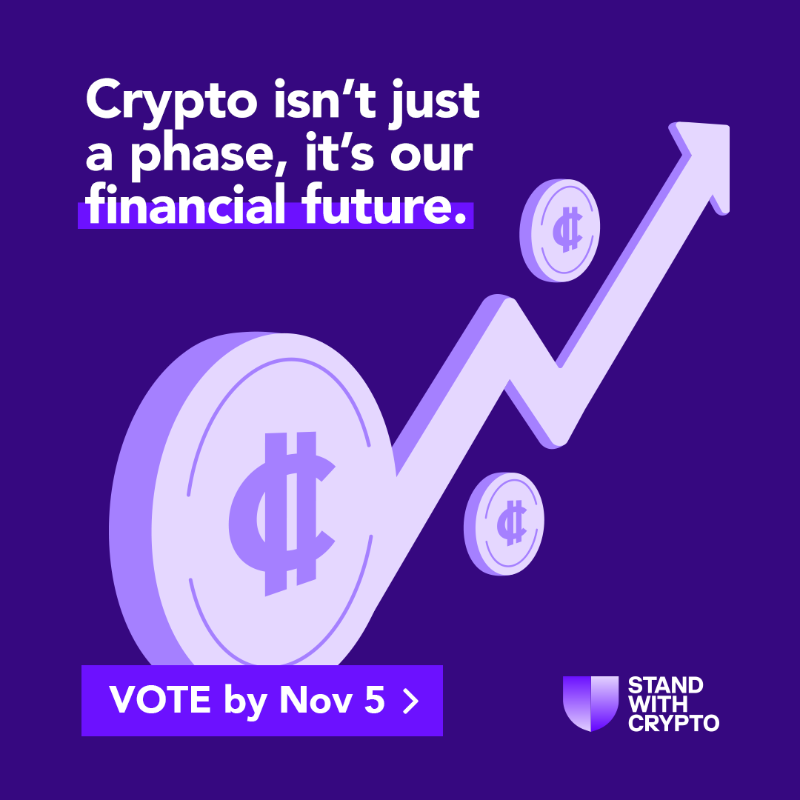 standwithcrypto's tweet photo. With 52 million crypto owners across the country, we have the power to make an impact this election. Vote for crypto and protect the future of innovation and technology.