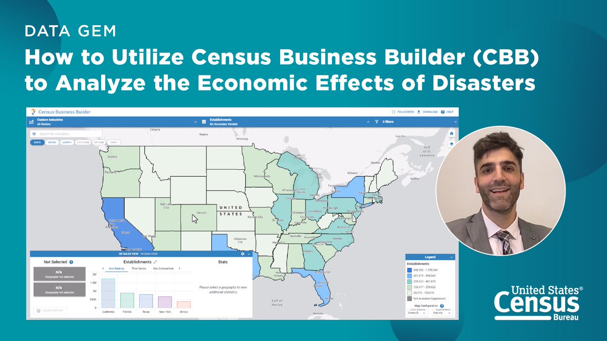 uscensusbureau's tweet photo. Watch our #DataGem to learn how to use Census Business Builder to find and select a @fema Declared Disaster Area and compare key statistics at the national and state levels.
▶️ https://t.co/DLb8j4qTVs
#CensusAcademy https://t.co/Xj7HEUpjdd
