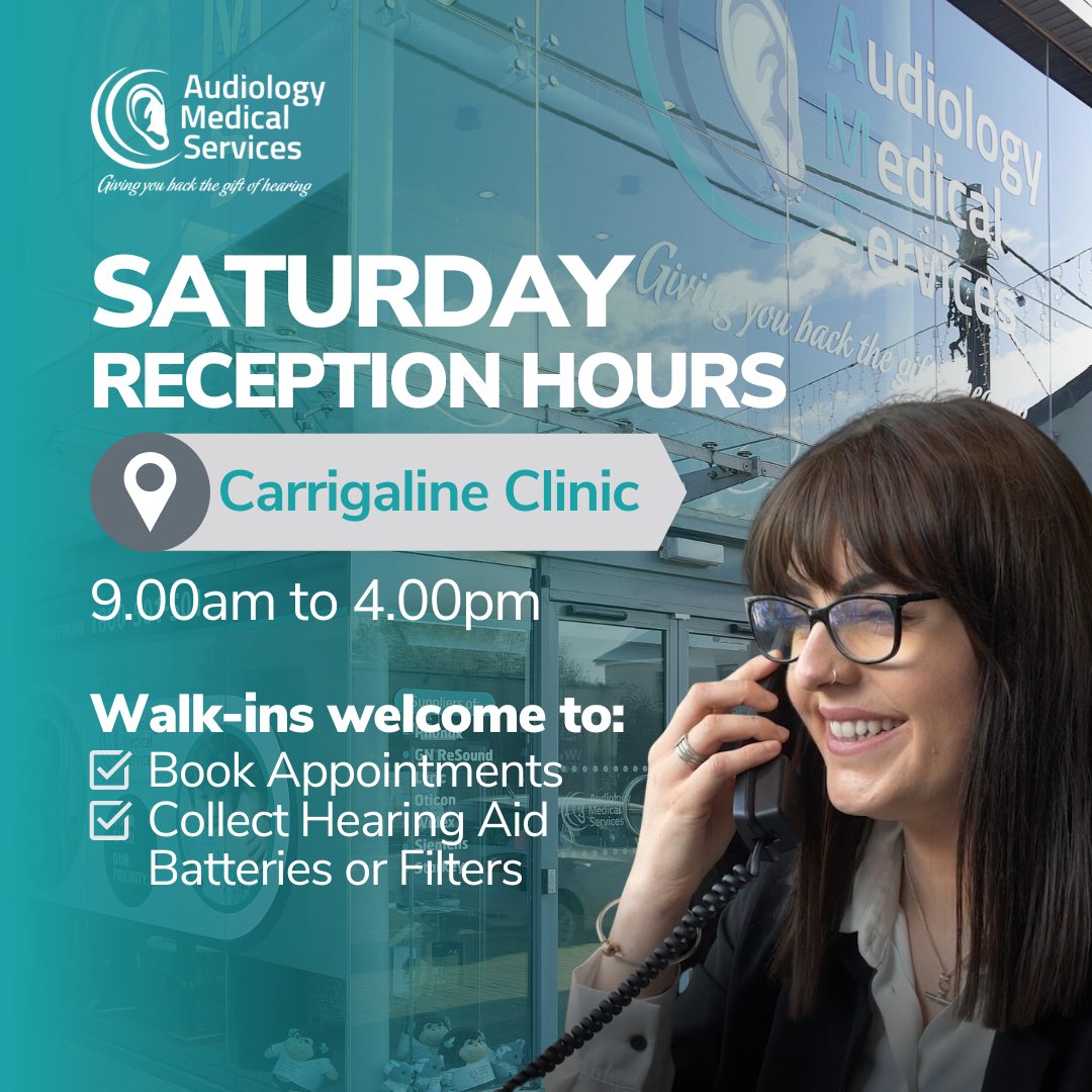 Aud_Med_Service's tweet photo. This Saturday 26th October, the #reception of our #Carrigaline clinic will be open for walk-ins in from 9am - 4pm.

Whether you need to book an #appointment for a later date, collect batteries or filters, or have any queries, we will be here to help. https://t.co/wo9azVxOLd