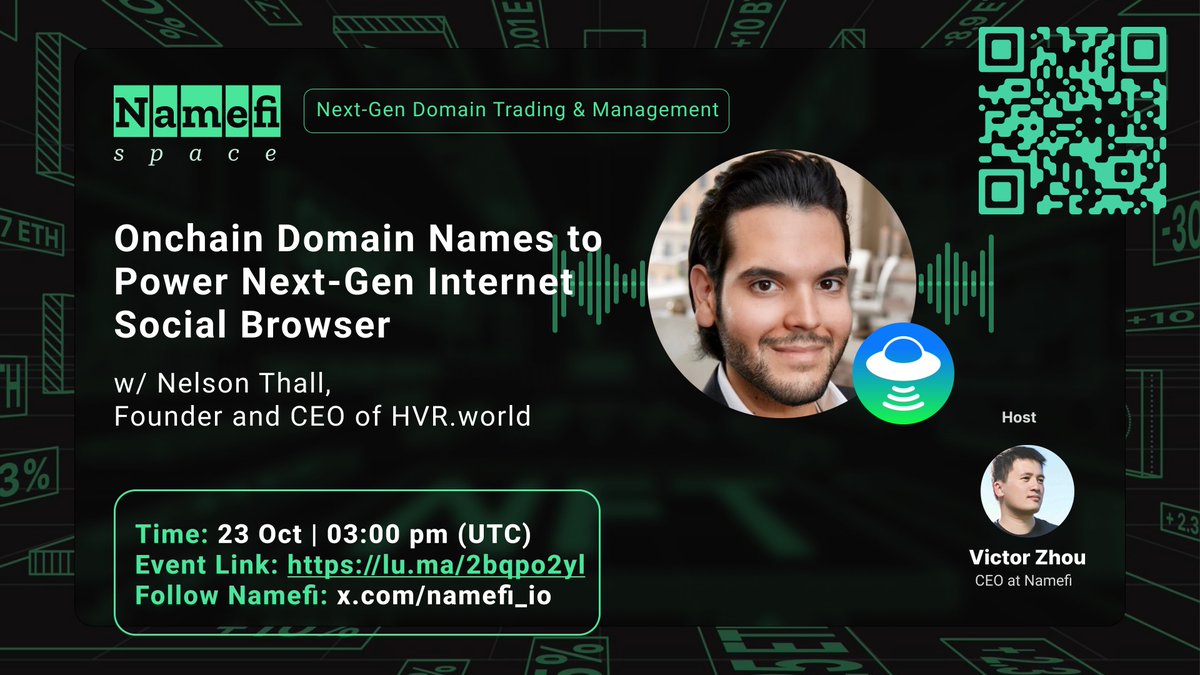 Join us for a #NamefiSpace featuring Nelson B. Thall (<a href="/nelsonbthall/">Nelson Thall</a>), CEO of HVR and a media entrepreneur from a family with a 75-year legacy in publishing. Nelson is at the forefront of building the next-gen social browser. 

We'll explore HVR, a browser that Integrates the best