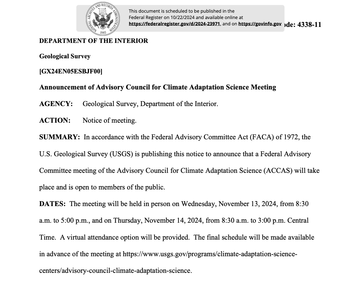 StateImpactCntr's tweet photo. .@USGS announces that the Advisory Council for Climate Adaptation Science will host a Federal Advisory Committee meeting on 11/13 & 11/14, and is open to the public. #StateImpactAlert.
https://t.co/ZEpD8hGBgu https://t.co/JsNgdDF843