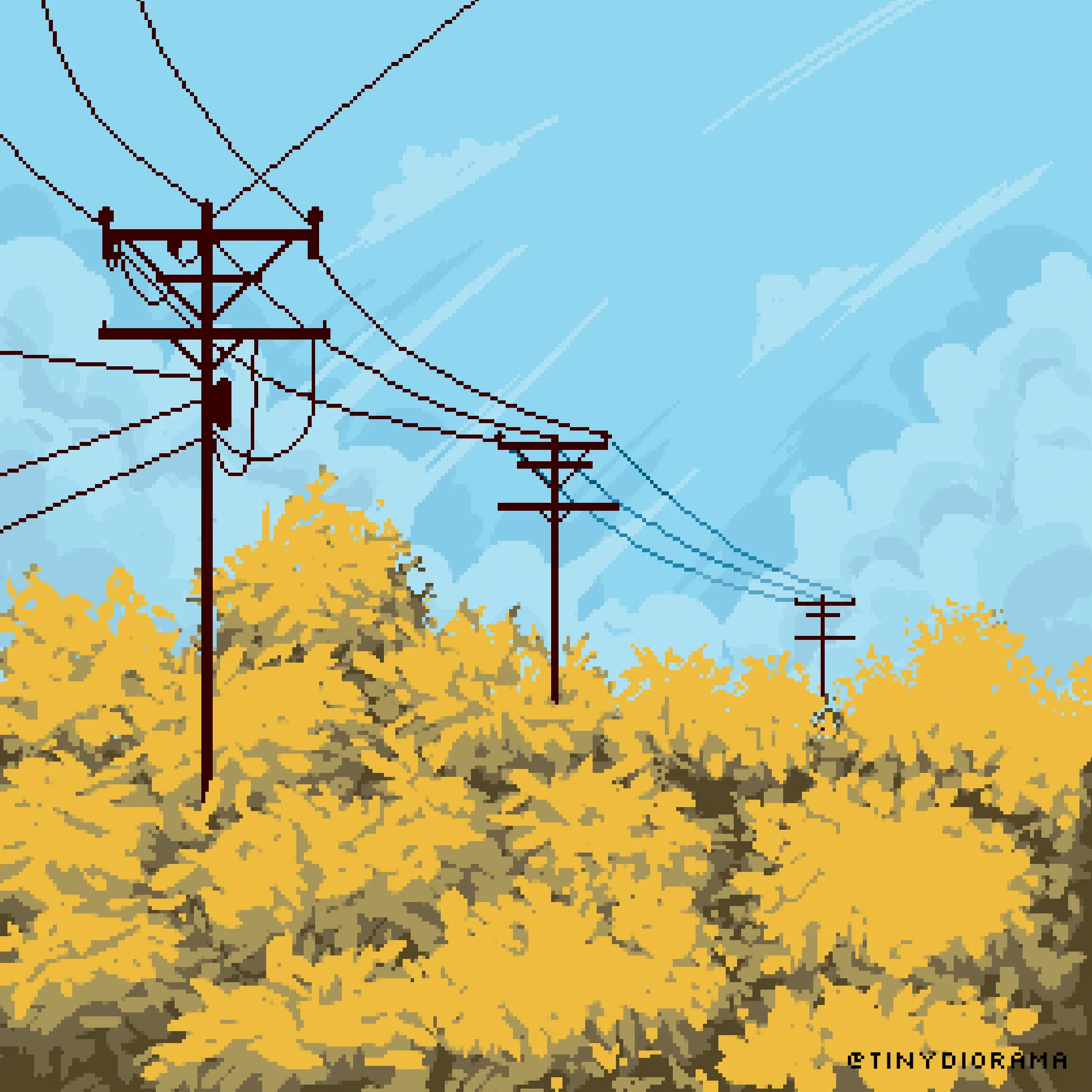 pixel art illustration of power lines with golden leaf trees