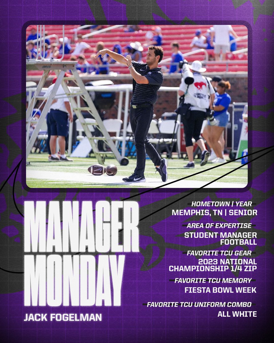 Happy Manager Monday! Today we're highlighting our senior Jack Fogelman! A native of Memphis, TN, thank you to Jack Fogelman for all he does for TCU Football!