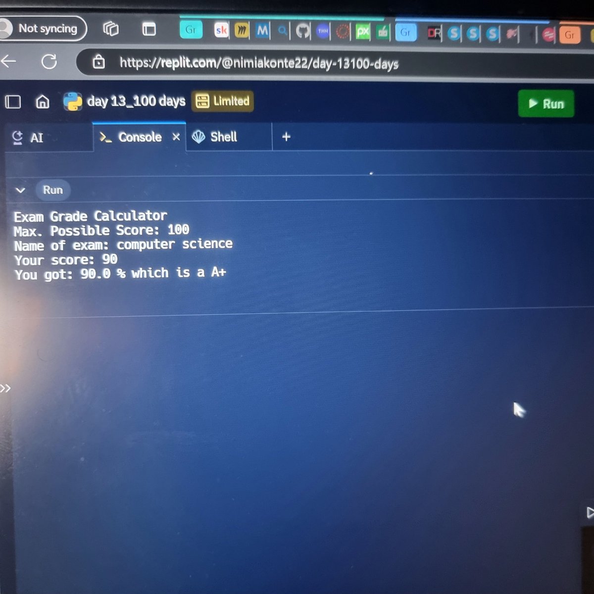 IseleyeNimi's tweet photo. Built a grade calculator today! Definitely giving myself an A+ on this 😎! Day 13 of #Replit100DqysOfCode #100DaysOfCode 
@allenharper https://t.co/kUOeSKNy1J