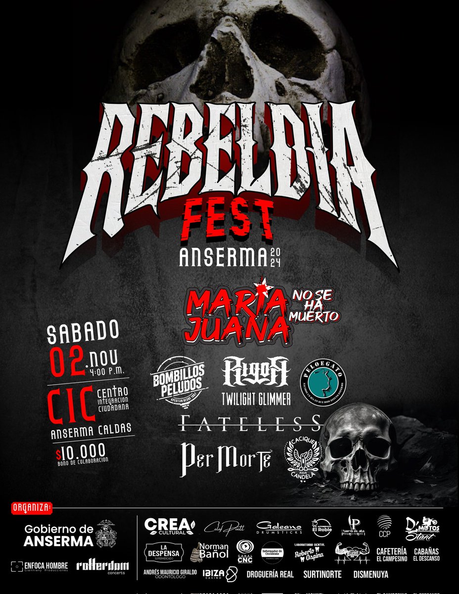 ESTAMOS FELICES!!! 🔥 POR PRIMERA VEZ ESTALLA 🔥 MARIA JUANA NO SE HA MUERTO EN #ansermacaldas 

El rock sonará duro en Anserma 

📆 Sábado 02 de noviembre
🕣 4:00 p.m.
📍CIC Anserma (Unidad deportiva La Pradera)
#Gobiernodeanserma #Gobiernodelassoluciones #rock #punk #ska